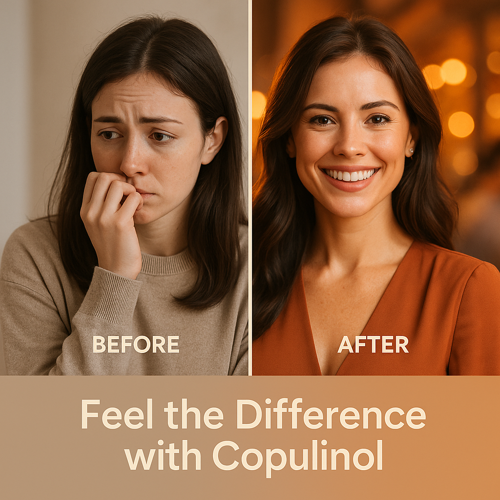 Before and after comparison of a woman's expression with Copulinol, set against a warm background.