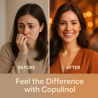 Before and after comparison of a woman's expression with Copulinol, set against a warm background.