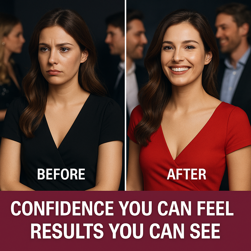 Before and after comparison of a woman's expression with text about confidence and results.
