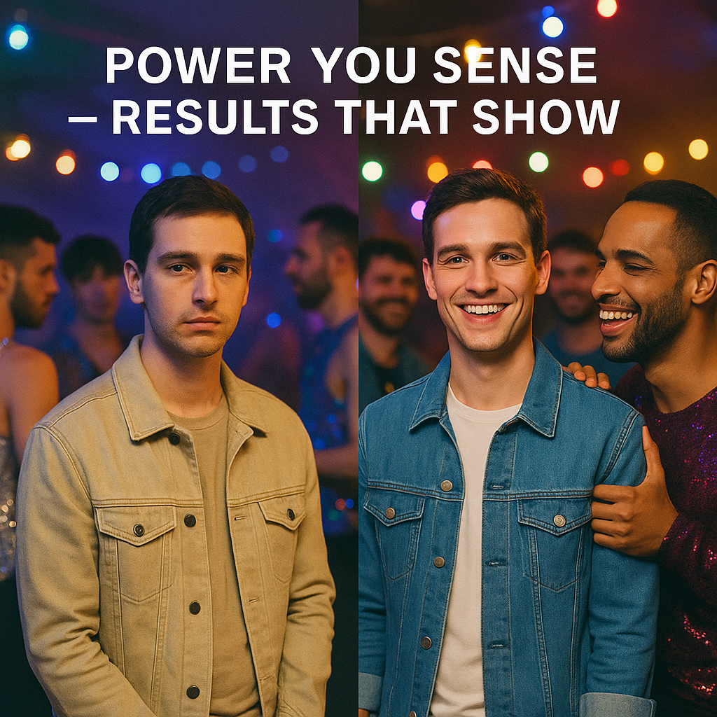 Two men standing together with a colorful background and text overlay.