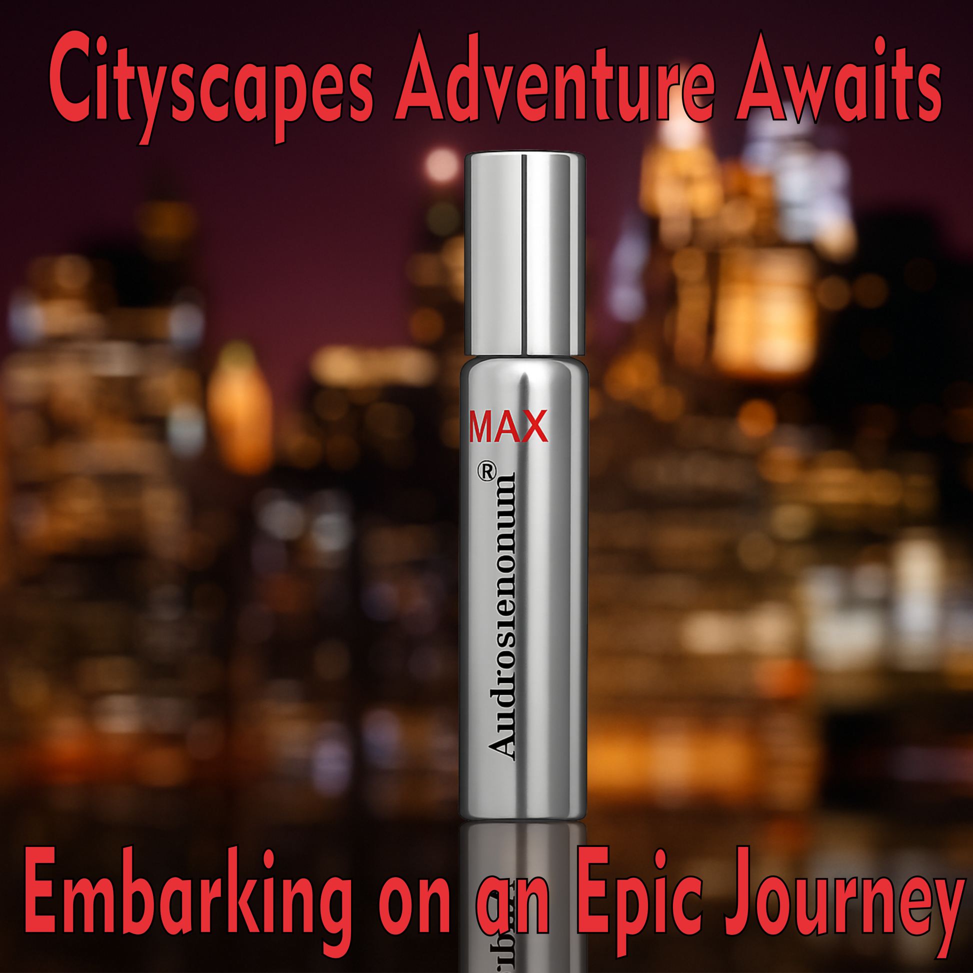 Silver bottle labeled 'Androstenonum' with a cityscape background and text about cityscapes and adventure.