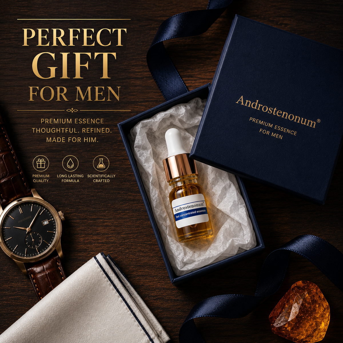 Androstenonum premium essence oil bottle in a navy blue gift box with white tissue paper, styled on a dark wood background with a watch, cloth, amber stone, and promotional text.