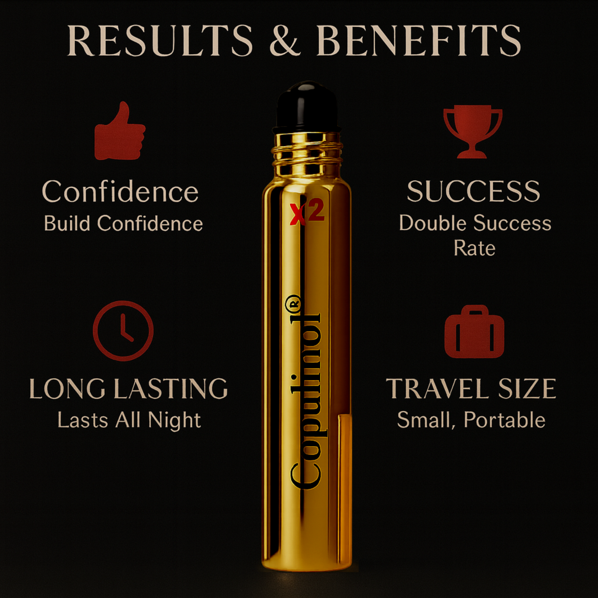 Gold bottle with branding on a black background with text about results and benefits.