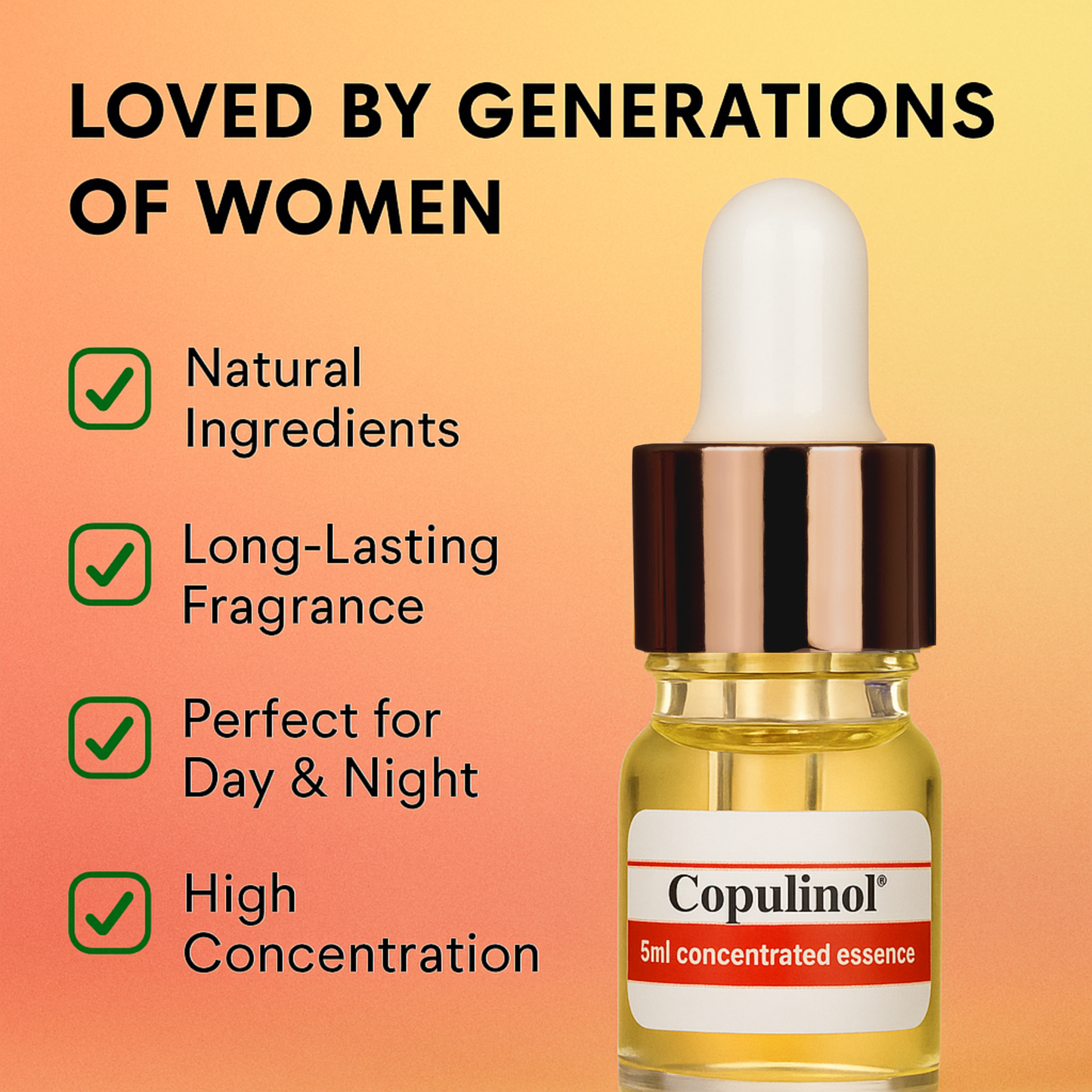 Copulinol concentrated essence bottle with product features on a gradient background