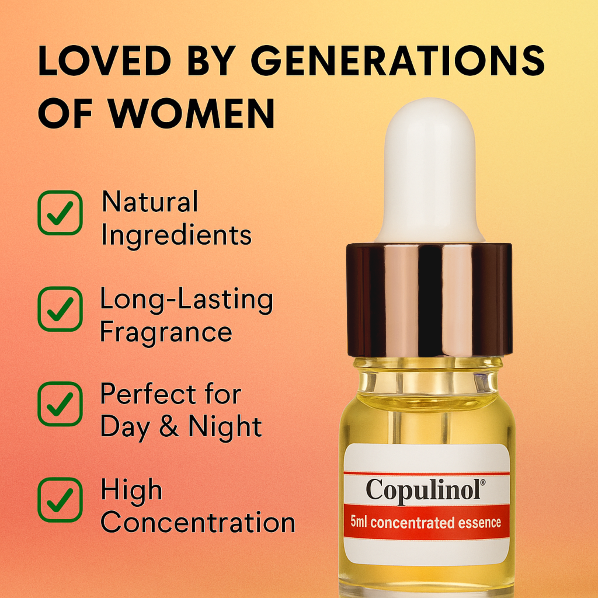 Copulinol concentrated essence bottle with product features on a gradient background