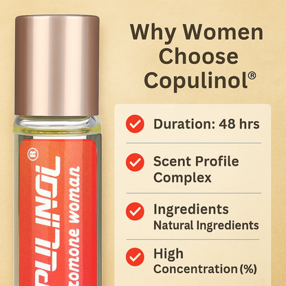 Roll-on bottle of Copulinol with features listed on a beige background