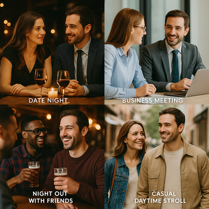 Collage of four scenarios: Date Night, Business Meeting, Night Out with Friends, and Casual Daytime Stroll.