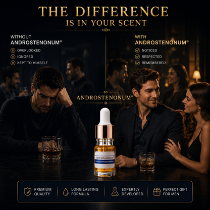 Androstenum fragrance oil bottle centered on a dark bar scene with three people conversing in the background. Large text reads 'THE DIFFERENCE IS IN YOUR SCENT' and 'ANDROSTENUM,' with benefit callouts about being noticed, respected, and remembered.