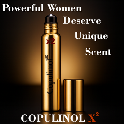 Gold bottle of Copulinol X2 with text 'Powerful Women Deserve Unique Scent' on a dark background