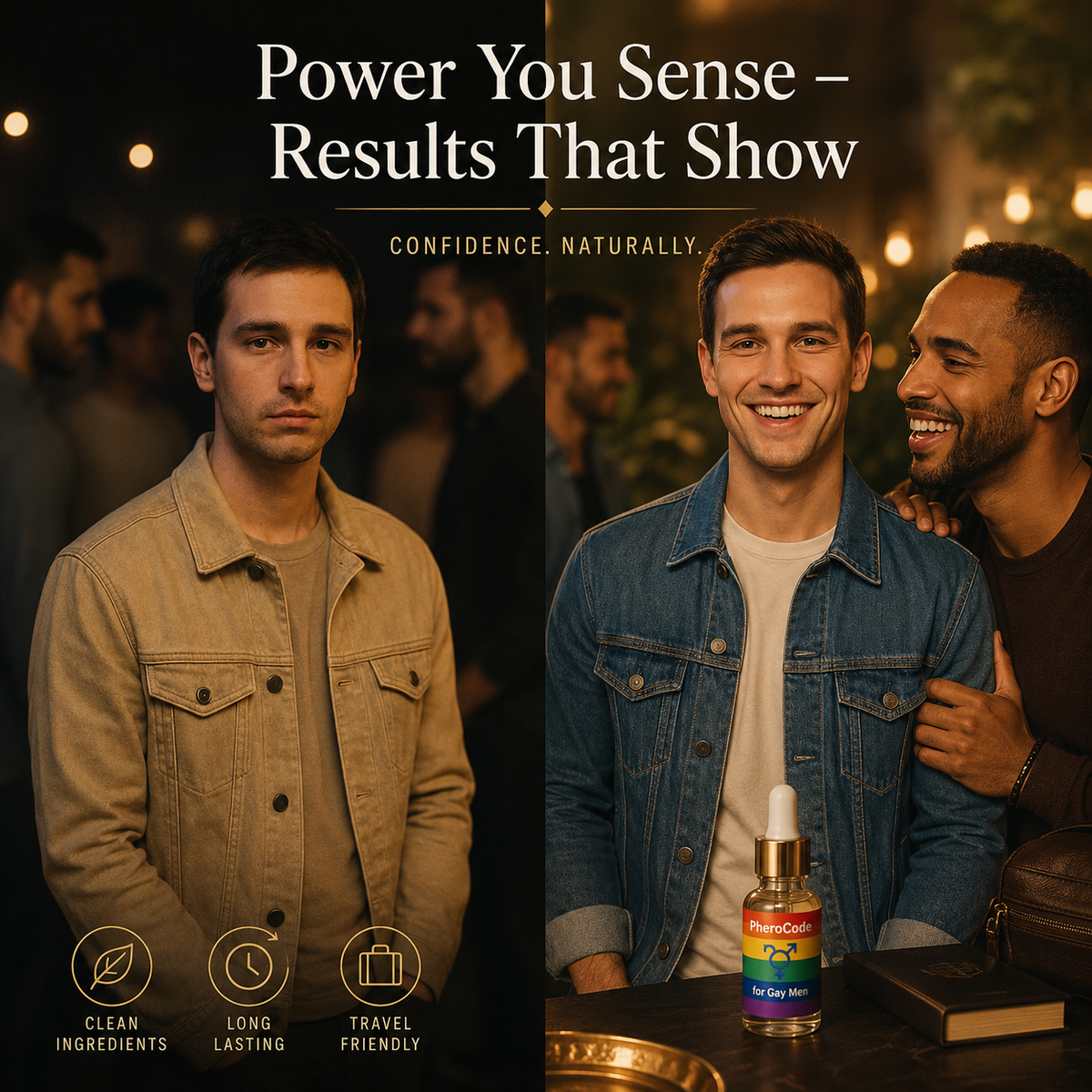 Promotional graphic with the headline 'Power You Sense – Results That Show' above a split before/after-style portrait of a man. The left side shows him in a beige jacket looking downward; the right side shows him smiling in a denim jacket with another man beside him, and a small dropper bottle labeled 'The Day Water' sits on the table.