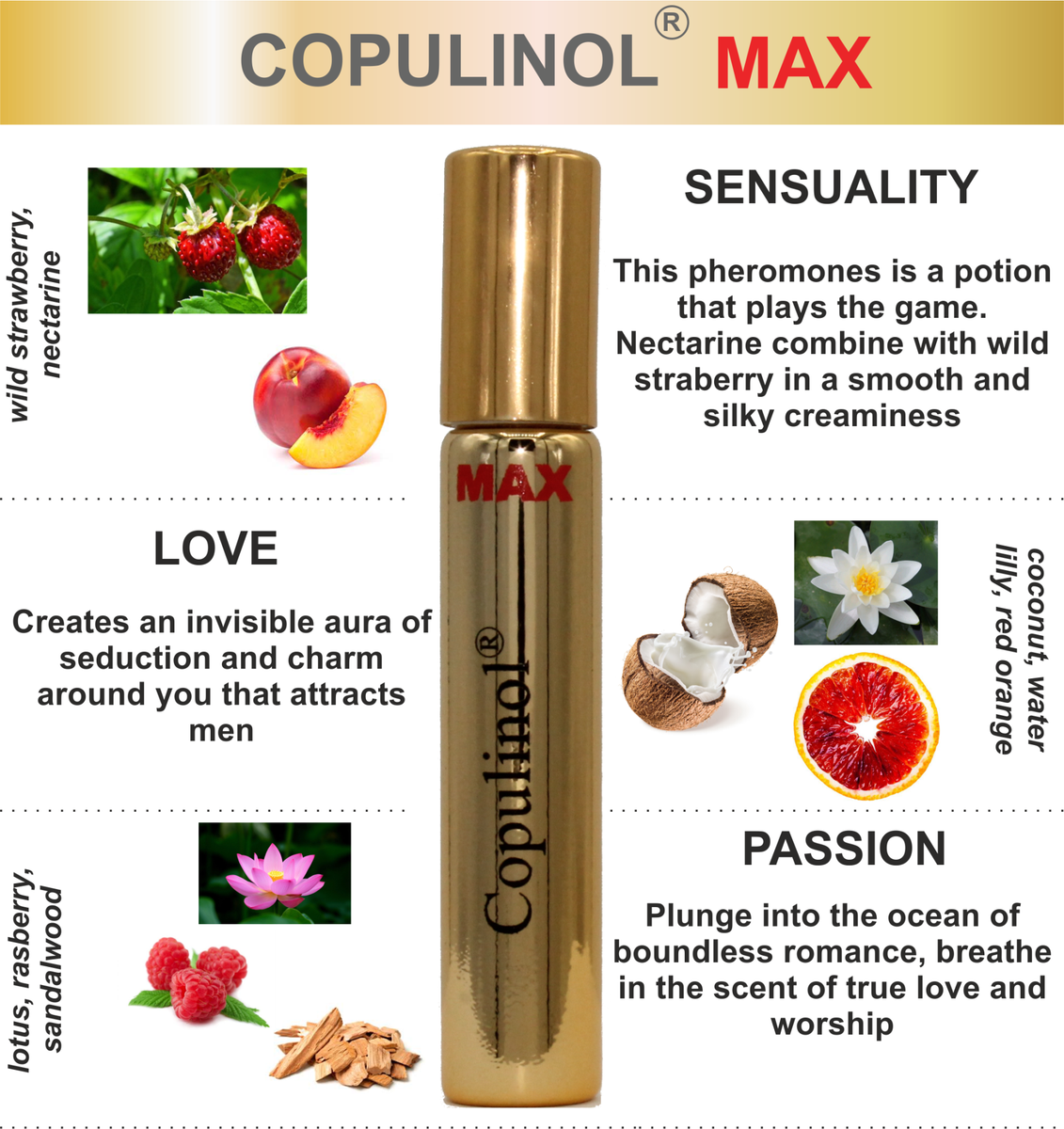 Copulinol MAX pheromone for women wild strawberry nectarine lotus rasberry romance passion flirt