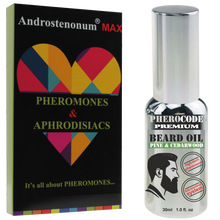 Lade das Bild in den Galerie-Viewer, PheroCode Premium Bartöl mit ANDROSTENONUM® für Männer mit Pumpe 30 ml &amp; ANDROSTENONUM® MAX 100% duftendes ultrastarkes Pheromon für Männer 8 ml Roll-On
