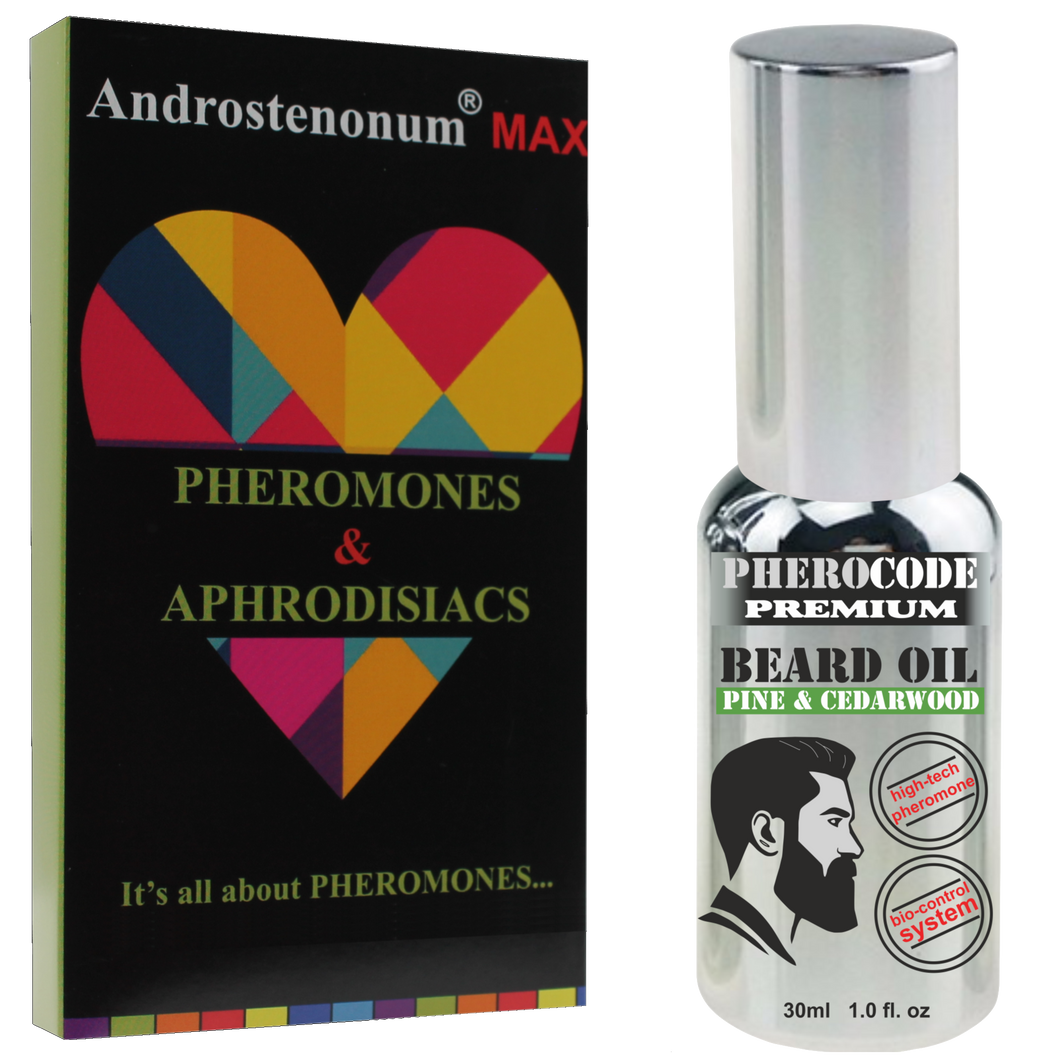 PheroCode premium olejek do brody z ANDROSTENONUM® dla mężczyzn 30ml & ANDROSTENONUM® MAX ultra silny 100% feromon dla mężczyzn 8ml Roll-On